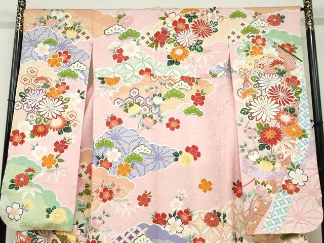 平和屋着物●豪華振袖 駒刺繍 扇面草花丸文 銀通し地 正絹 逸品 DABB0363ud