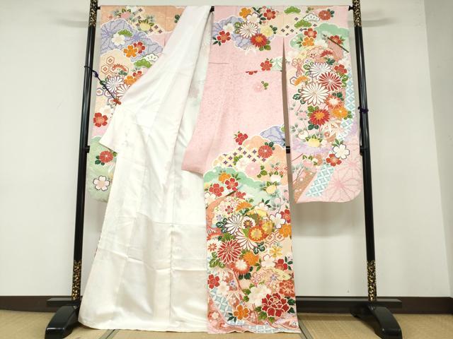 平和屋着物●豪華振袖 駒刺繍 扇面草花丸文 銀通し地 正絹 逸品 DABB0363ud