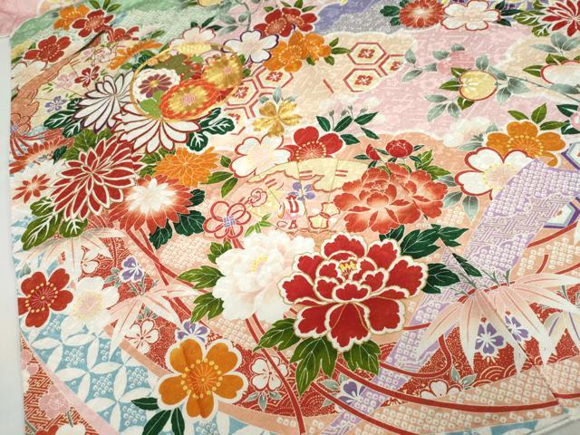 平和屋着物●豪華振袖 駒刺繍 扇面草花丸文 銀通し地 正絹 逸品 DABB0363ud