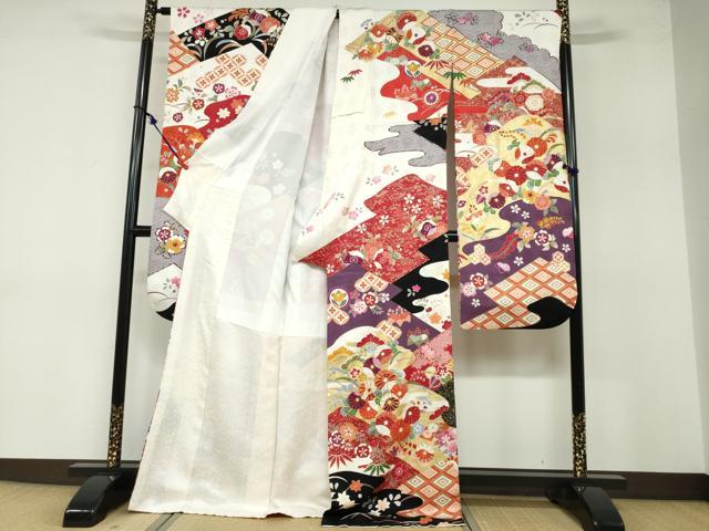 平和屋着物●豪華振袖 駒刺繍 流水吉祥草花文 金彩 正絹 逸品 DABB0365ud