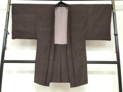 平和屋着物■男性　長羽織　紬地　変わり格子文　正絹　逸品　DABB0367ud