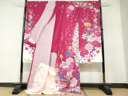 平和屋着物●豪華振袖 草花文 暈し染め 金彩 銀通し地 仮絵羽 逸品 未使用 DABB0371ud