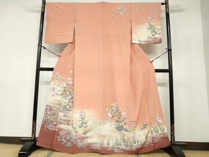 平和屋着物●訪問着 流水地紙重ね飛鶴草花文 暈し染め 金彩 正絹 逸品 DABB0375ud