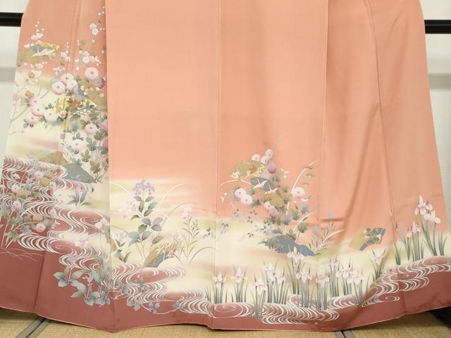 平和屋着物●訪問着 流水地紙重ね飛鶴草花文 暈し染め 金彩 正絹 逸品 DABB0375ud