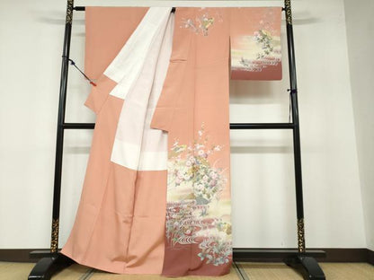 平和屋着物●訪問着 流水地紙重ね飛鶴草花文 暈し染め 金彩 正絹 逸品 DABB0375ud