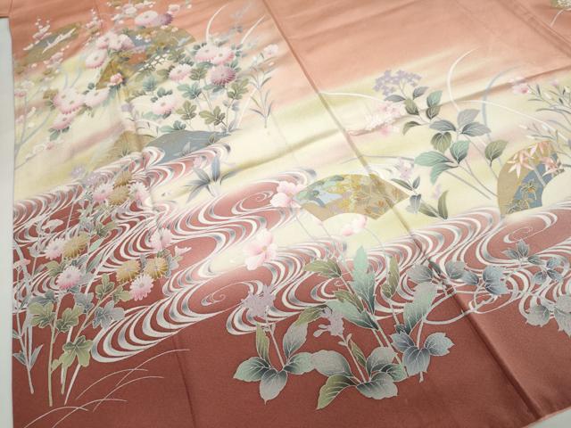 平和屋着物●訪問着 流水地紙重ね飛鶴草花文 暈し染め 金彩 正絹 逸品 DABB0375ud