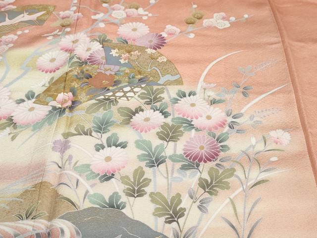 平和屋着物●訪問着 流水地紙重ね飛鶴草花文 暈し染め 金彩 正絹 逸品 DABB0375ud