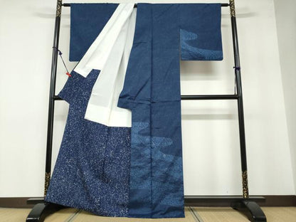 平和屋着物●本場染大島紬 訪問着 刺繍 流水花鳥丸文 正絹 逸品 DABB0413ud