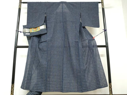 平和屋着物▽越後片貝 紺仁謹製 紺仁手織紬 単衣 草木正藍染 変わり格子文 証紙付き 正絹 逸品 DABB0419ud