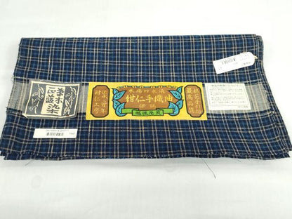 平和屋着物▽越後片貝 紺仁謹製 紺仁手織紬 単衣 草木正藍染 変わり格子文 証紙付き 正絹 逸品 DABB0419ud