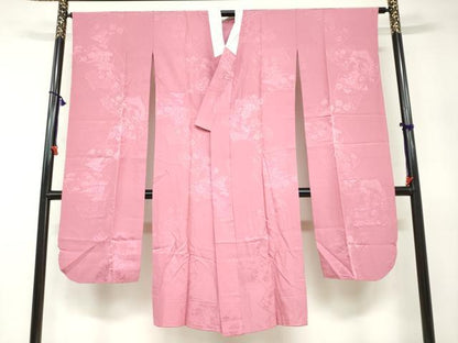 平和屋着物●振袖用長襦袢 無双仕立て 地紙重ね御所車草花地紋 今様色 正絹 逸品 未使用 DABB0420ud