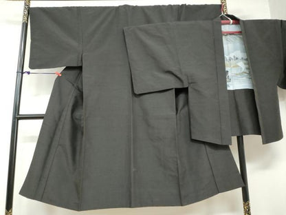 平和屋着物●男性 紬 アンサンブル 鉄黒色 正絹 逸品 DABB0426ud