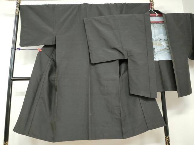 平和屋着物●男性 紬 アンサンブル 鉄黒色 正絹 逸品 DABB0426ud