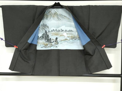 平和屋着物●男性 紬 アンサンブル 鉄黒色 正絹 逸品 DABB0426ud