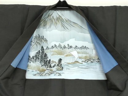 平和屋着物●男性 紬 アンサンブル 鉄黒色 正絹 逸品 DABB0426ud