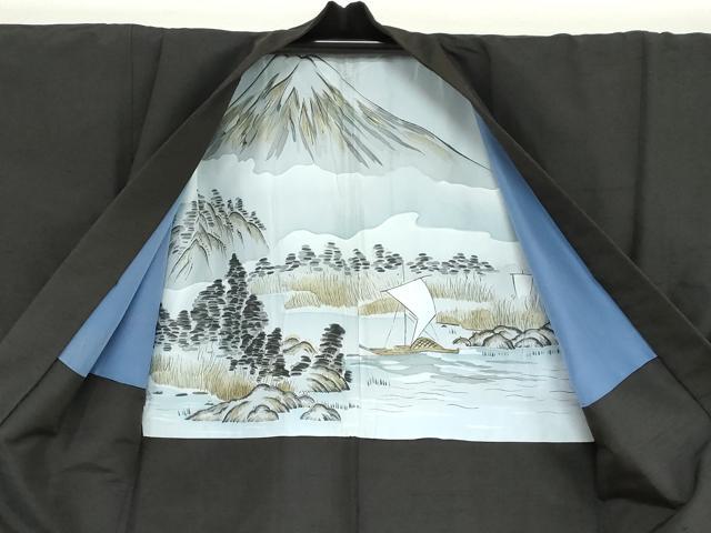 平和屋着物●男性 紬 アンサンブル 鉄黒色 正絹 逸品 DABB0426ud