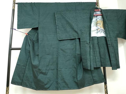 平和屋着物●男性 髭紬 長羽織セット 鉄色 正絹 逸品 未使用 DABB0429ud
