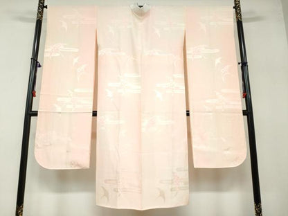 平和屋着物●振袖用長襦袢 袷 飛鶴梅地紋 暈し染め 半衿刺繍 正絹 逸品 DABB0431ud