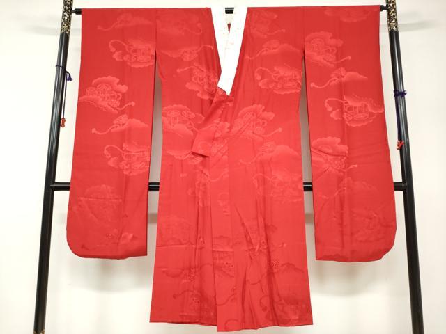 平和屋着物●振袖用長襦袢 無双仕立て 雲霞貝桶地紋 深緋色 半衿刺繍 正絹 逸品 DABB0433ud
