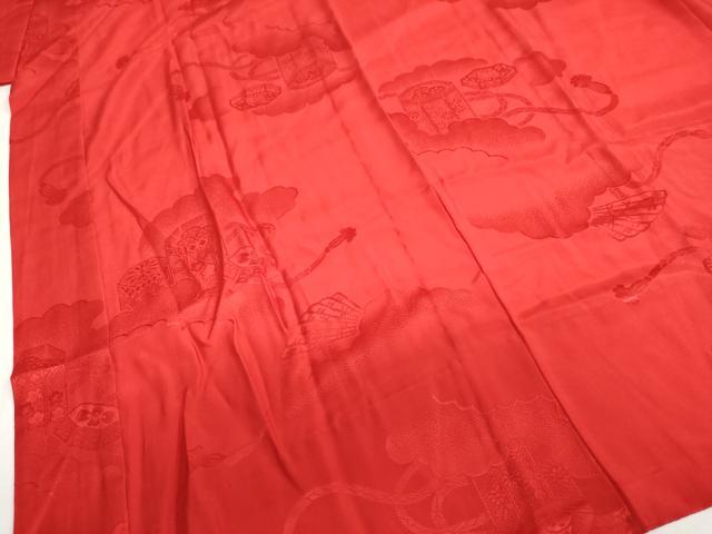 平和屋着物●振袖用長襦袢 無双仕立て 雲霞貝桶地紋 深緋色 半衿刺繍 正絹 逸品 DABB0433ud