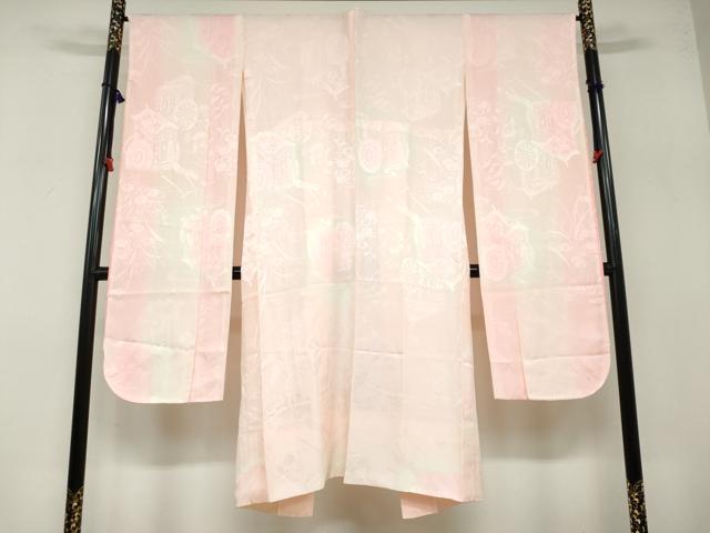 平和屋着物●振袖用長襦袢 袷 御所車草花地紋 暈し染め 半衿刺繍 正絹 逸品 DABB0436ud