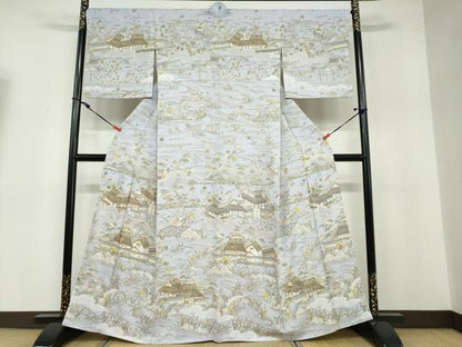 平和屋着物●中国三大刺繍 汕頭刺繍 訪問着 駒刺繍 流水風景草花籬文 金糸 正絹 逸品 DABB0456ud