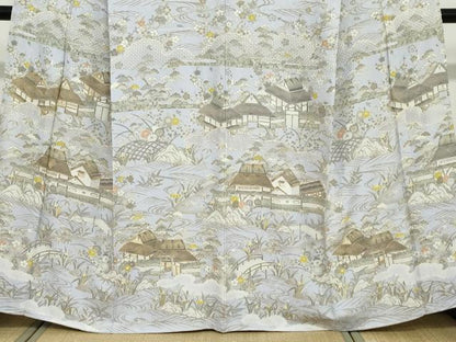 平和屋着物●中国三大刺繍 汕頭刺繍 訪問着 駒刺繍 流水風景草花籬文 金糸 正絹 逸品 DABB0456ud