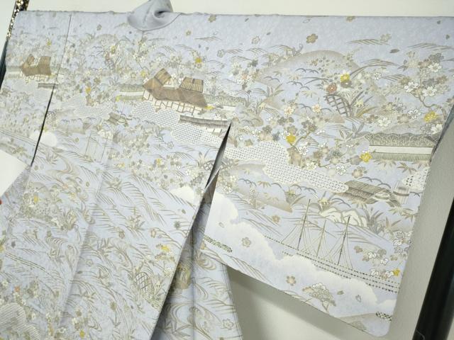 平和屋着物●中国三大刺繍 汕頭刺繍 訪問着 駒刺繍 流水風景草花籬文 金糸 正絹 逸品 DABB0456ud
