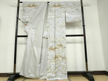 平和屋着物●中国三大刺繍 汕頭刺繍 訪問着 駒刺繍 流水風景草花籬文 金糸 正絹 逸品 DABB0456ud