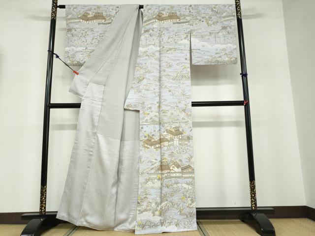 平和屋着物●中国三大刺繍 汕頭刺繍 訪問着 駒刺繍 流水風景草花籬文 金糸 正絹 逸品 DABB0456ud