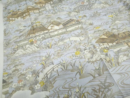 平和屋着物●中国三大刺繍 汕頭刺繍 訪問着 駒刺繍 流水風景草花籬文 金糸 正絹 逸品 DABB0456ud