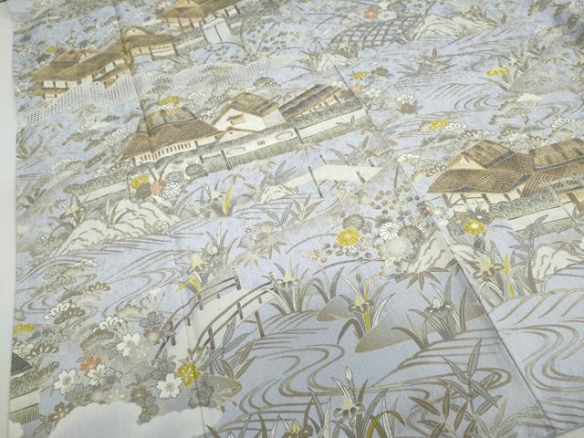 平和屋着物●中国三大刺繍 汕頭刺繍 訪問着 駒刺繍 流水風景草花籬文 金糸 正絹 逸品 DABB0456ud