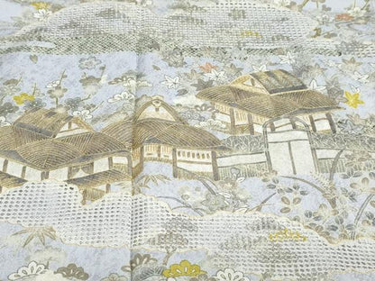 平和屋着物●中国三大刺繍 汕頭刺繍 訪問着 駒刺繍 流水風景草花籬文 金糸 正絹 逸品 DABB0456ud