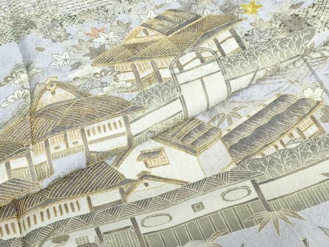 平和屋着物●中国三大刺繍 汕頭刺繍 訪問着 駒刺繍 流水風景草花籬文 金糸 正絹 逸品 DABB0456ud