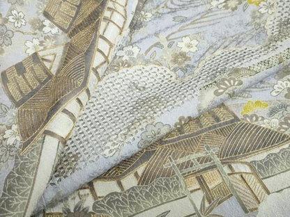 平和屋着物●中国三大刺繍 汕頭刺繍 訪問着 駒刺繍 流水風景草花籬文 金糸 正絹 逸品 DABB0456ud