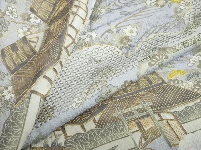 平和屋着物●中国三大刺繍 汕頭刺繍 訪問着 駒刺繍 流水風景草花籬文 金糸 正絹 逸品 DABB0456ud