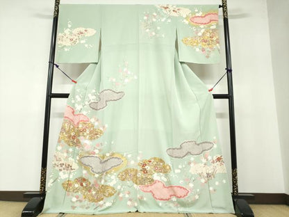 平和屋着物●訪問着 駒刺繍 絞り 雲取り草花文 金銀彩 正絹 逸品 DABB0460ud