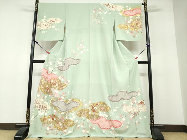 平和屋着物●訪問着 駒刺繍 絞り 雲取り草花文 金銀彩 正絹 逸品 DABB0460ud