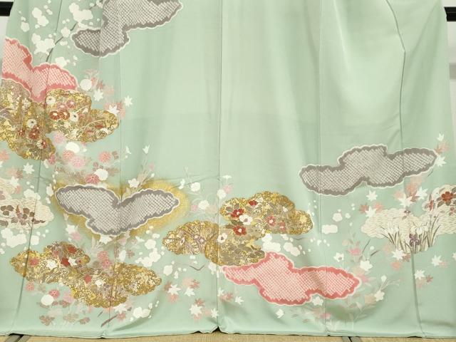 平和屋着物●訪問着 駒刺繍 絞り 雲取り草花文 金銀彩 正絹 逸品 DABB0460ud