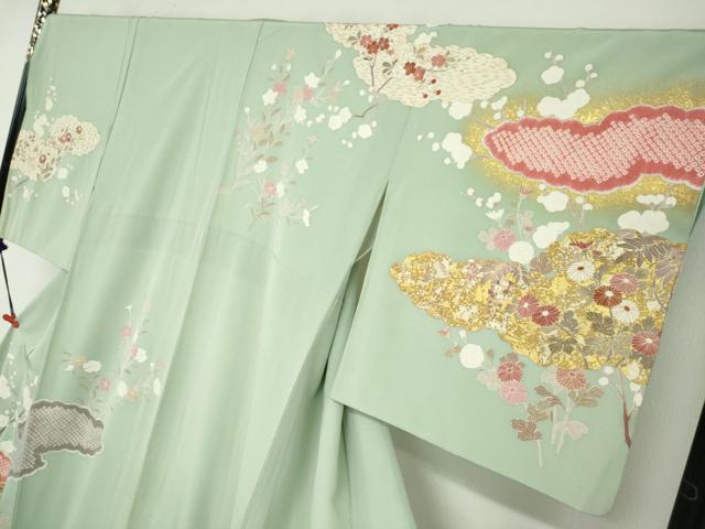 平和屋着物●訪問着 駒刺繍 絞り 雲取り草花文 金銀彩 正絹 逸品 DABB0460ud