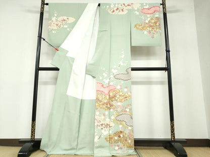 平和屋着物●訪問着 駒刺繍 絞り 雲取り草花文 金銀彩 正絹 逸品 DABB0460ud