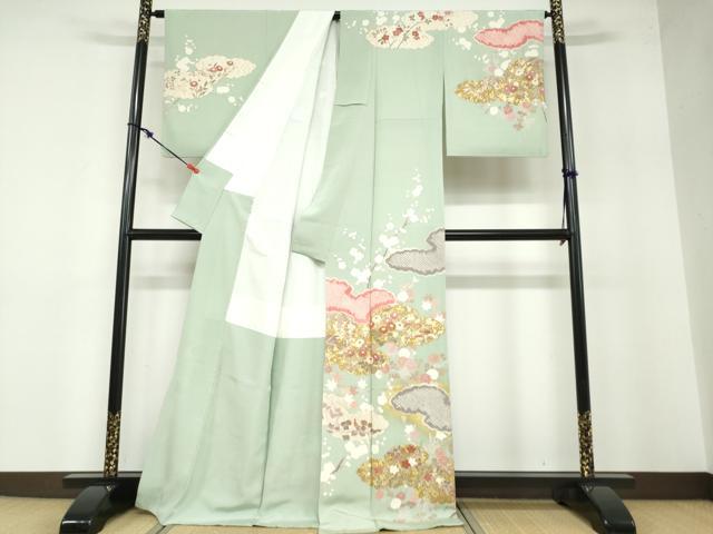 平和屋着物●訪問着 駒刺繍 絞り 雲取り草花文 金銀彩 正絹 逸品 DABB0460ud