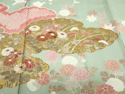 平和屋着物●訪問着 駒刺繍 絞り 雲取り草花文 金銀彩 正絹 逸品 DABB0460ud