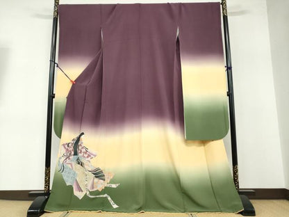平和屋着物●十日町 加賀草木友禅の第一人者 田村哲彦 振袖 女人花蝶文 暈し染め 正絹 逸品 DABB0461ud