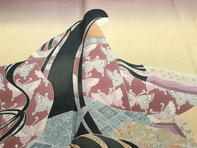 平和屋着物●十日町 加賀草木友禅の第一人者 田村哲彦 振袖 女人花蝶文 暈し染め 正絹 逸品 DABB0461ud