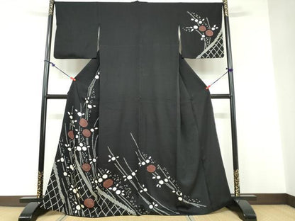 平和屋着物●訪問着 絞り 草花文 黒地 金彩 正絹 逸品 DABB0462ud