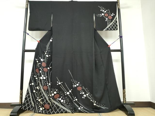 平和屋着物●訪問着 絞り 草花文 黒地 金彩 正絹 逸品 DABB0462ud