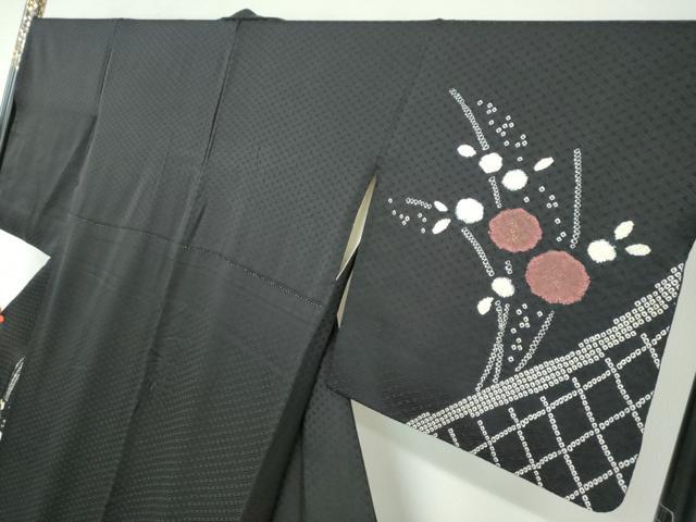 平和屋着物●訪問着 絞り 草花文 黒地 金彩 正絹 逸品 DABB0462ud