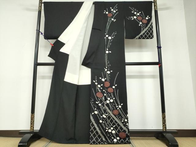 平和屋着物●訪問着 絞り 草花文 黒地 金彩 正絹 逸品 DABB0462ud