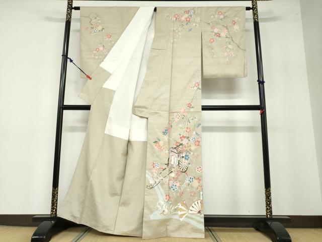 平和屋着物●訪問着 白山紬 友禅 御所車扇面草花文 正絹 逸品 DABB0464ud